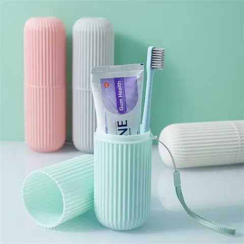 Portable Travel Wash Cup Striped PP Toothbrush Storage Box Capsule Toothbrush Holder With Hand Strap For Outdoor Trip Bathroom