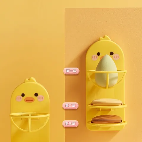 Cartoon Duck Wall Mounted Makeup Sponge Holder Plastic Tier Drying Rack Powder Puff Storage Case Bathroom Beauty Blender Organizer Stand