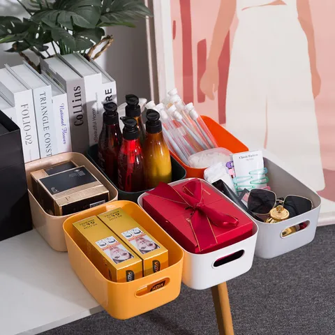 Caja de Almacenamiento de Escritorio de Plástico Multiusos Organizador Rectangular Con Asas Para Cocina Cosméticos Oficina
