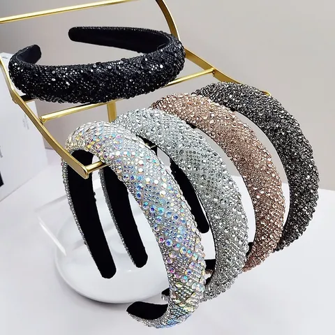 Womens Elegant Padded Headband Rhinestone Crystal Wide Hair Hoop Sparkly Party Hair Accessories For Women
