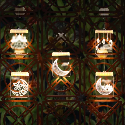 LED 3D Ramadán Luces Colgantes Acrílico Estrella Luna Castillo Luz de Noche Fiesta Festiva Decoración del Hogar Blanco Cálido Funciona con Pilas
