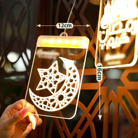 LED 3D Ramadán Luces Colgantes Acrílico Estrella Luna Castillo Luz de Noche Fiesta Festiva Decoración del Hogar Blanco Cálido Funciona con Pilas