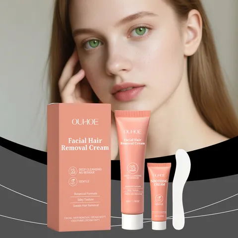 OUHOE Set de Crème Épilatoire Visage Formule Botanique Douce Nettoyage Profond Baume Apaisant Grattoir Pour Soin de Peau Visage Lisse
