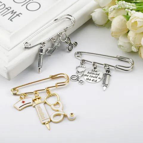 Medical Theme Stethoscope Syringe Nurse Hat Enamel Brooch Alloy Safety Pin Jewelry Inspirational Quote Brooch For Doctor Nurse Gift