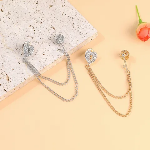 Trendy Alloy Heart Lock Key Chain Brooch Pin For Women Men Gold Silver Plated Rhinestone Suit Accessory Jewelry Gift