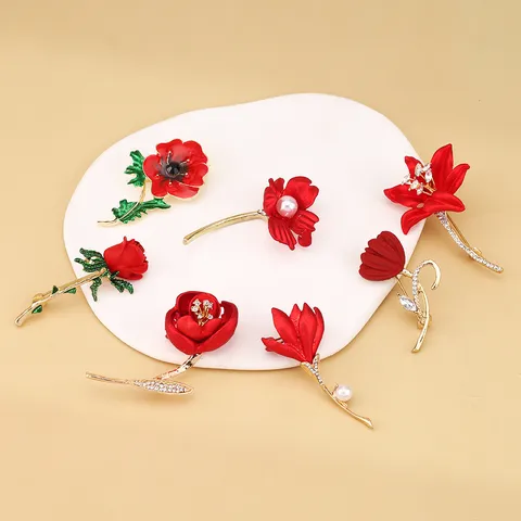 Elegant Red Rose Flower Brooch for Women Zinc Alloy Rhinestone Artificial Pearl Floral Corsage Suit Pin Jewelry Gift Accessory