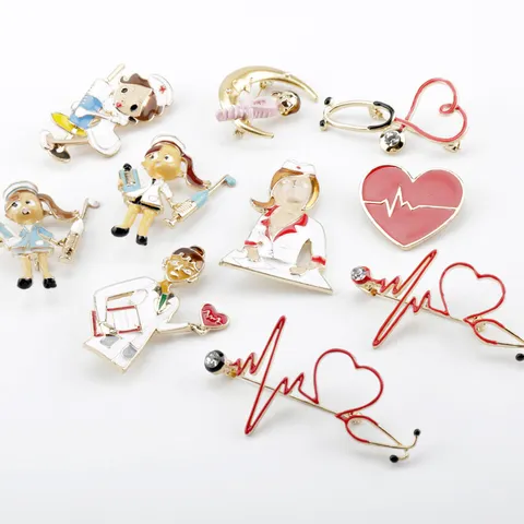 Cartoon Nurse Doctor Enamel Pin Cute Medical Theme Alloy Brooch Rhinestone Heart Stethoscope Badge For Hospital Workers Jewelry