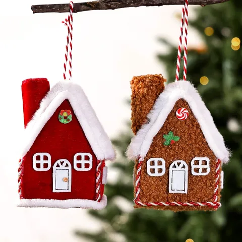 Plush Christmas House Ornament Fabric Gingerbread House Hanging Decoration Handmade Mini House For Christmas Tree Home Decor Party Props