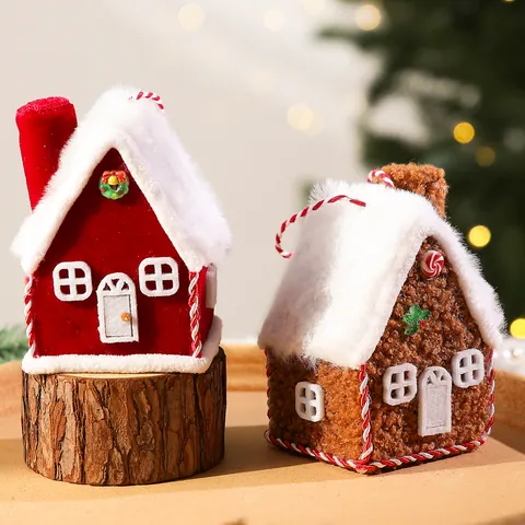 Plush Christmas House Ornament Fabric Gingerbread House Hanging Decoration Handmade Mini House For Christmas Tree Home Decor Party Props