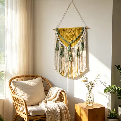 Handmade Macrame Wall Hanging Cotton Rope Bohemian Tassel Tapestry Wood Pole Geometric Nordic Home Living Room Wall Decor