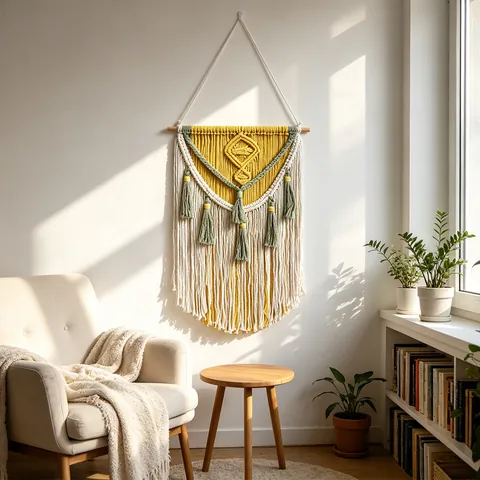 Handmade Macrame Wall Hanging Cotton Rope Bohemian Tassel Tapestry Wood Pole Geometric Nordic Home Living Room Wall Decor