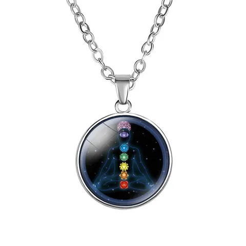Yoga 7 Chakras Glass Dome Pendant Necklace Alloy Silver Plated Meditative Spiritual Jewelry Gift For Women Men