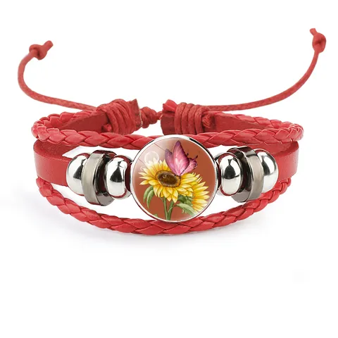 Multilayer Braided Cowhide Leather Sunflower Glass Cabochon Charm Bracelet Alloy Vintage Casual Jewelry Gift For Women Men