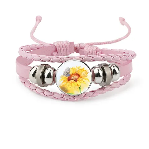 Multilayer Braided Cowhide Leather Sunflower Glass Cabochon Charm Bracelet Alloy Vintage Casual Jewelry Gift For Women Men