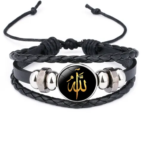 Braided Leather Bracelet Round Glass Cabochon Arabic Calligraphy Pendant Casual Fashion Jewelry Gift For Women