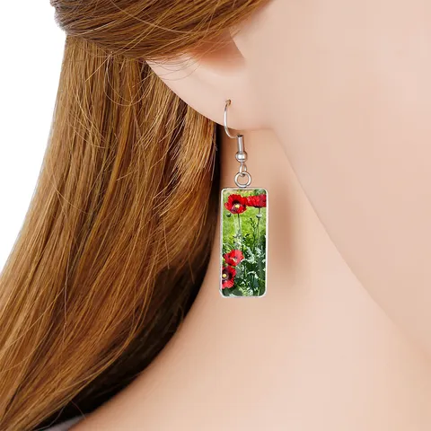 Stainless Steel Poppy Flower Time Gemstone Drop Earrings Fashion Rectangle Glass Dangle Jewelry Gift For Women