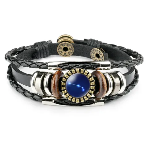Vintage Multi Layer Braided Leather Bracelet Zodiac Constellation Time Gem Metal Wood Beads Bohemian Jewelry Gift