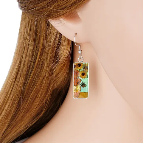 Stainless Steel Oil Painting Rectangular Dangle Earrings Starry Sky Art Drop Earrings Fashion Jewelry Gift For Women