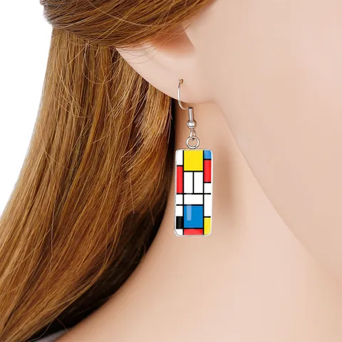 Stainless Steel Colorful Geometric Checkerboard Drop Earrings Rectangular Fashion Art Jewelry For Women