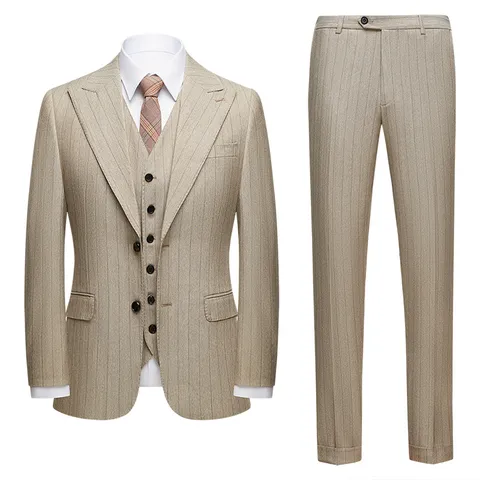 Men Slim Fit Striped Light Coffee Business Casual Suit Jacket Vest Pants Formal Suit Set