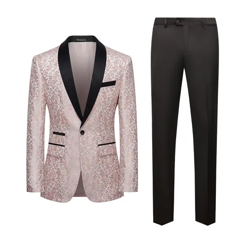 Men's Luxury Jacquard Slim Fit Suit Set Contrast Shawl Lapel Single Breasted One Button Jacket And Pants Banquet Formal Tuxedo