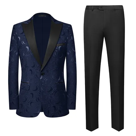 Men Slim Fit Floral Jacquard Suit Set Rose Pattern Peak Lapel Blazer Trousers Top And Bottom For Wedding Banquet Party