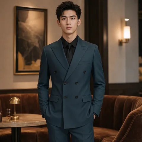 Men Slim Fit Double Breasted Suit Top And Bottom Peak Lapel Business Casual Wedding Formal Polyester Rayon Blazer Trousers