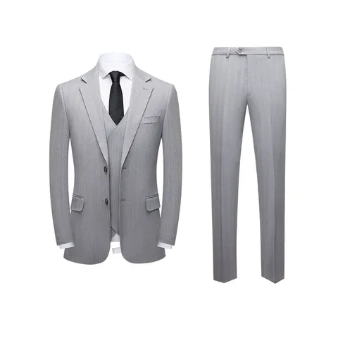 Men Slim Fit Suit Blazer Vest And Pants Set Light Gray Pinstripe Korean Business Wedding Photography Formal Party Outfit