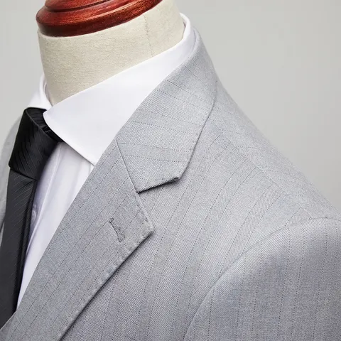 Men Slim Fit Suit Blazer Vest And Pants Set Light Gray Pinstripe Korean Business Wedding Photography Formal Party Outfit