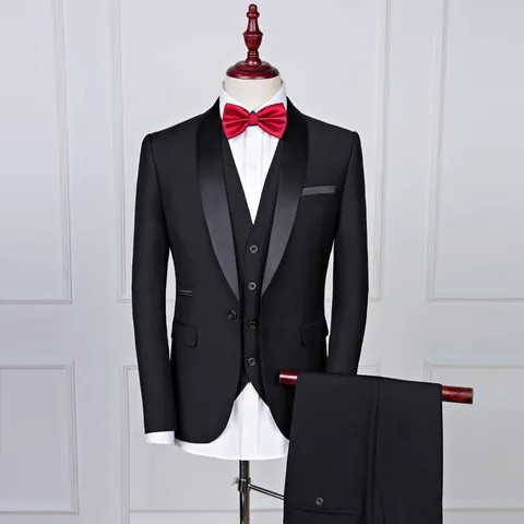 Men Slim Fit Formal Suit Set Acetate Fiber Shawl Lapel Wedding Party Tuxedo Jacket Trousers Vest Ensemble Stage Hosting Wear