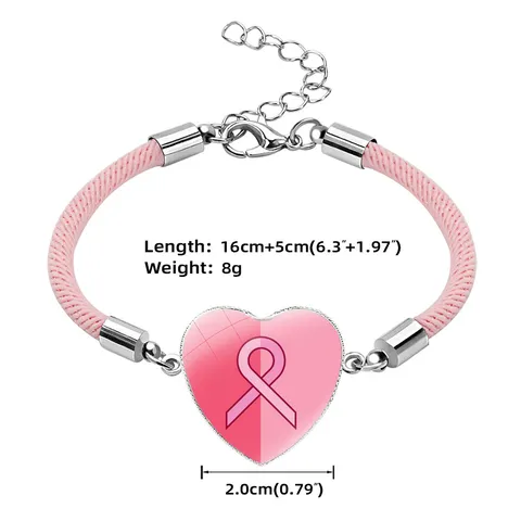 Pink Ribbon Breast Cancer Awareness Heart Bracelet Braided Cord Glass Pendant Charm Bracelet Charity Support Jewelry