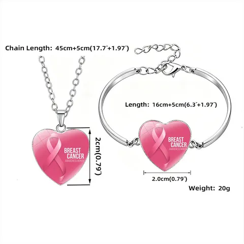 Women Breast Cancer Awareness Heart Ribbon Pendant Necklace And Bracelet Alloy Jewelry Set Pink Silver