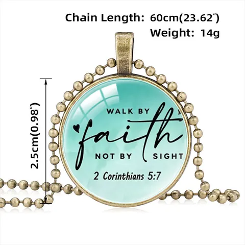 Vintage Inspirational Bible Verse Glass Pendant Necklace Long Alloy Bead Chain Sweater Necklace Unisex Fashion Jewelry