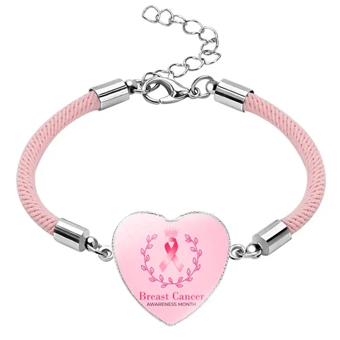 Pink Ribbon Breast Cancer Awareness Heart Bracelet Braided Cord Glass Pendant Charm Bracelet Charity Support Jewelry