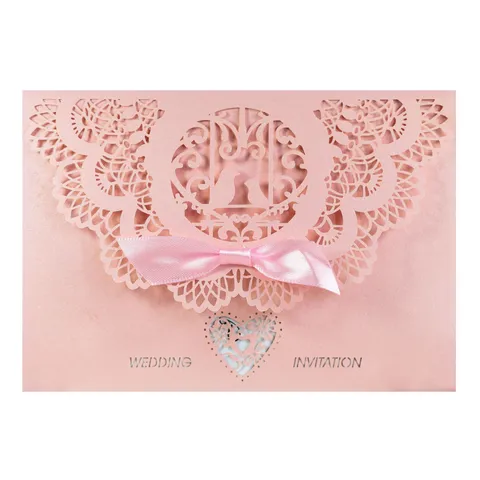 European Laser Cut Wedding Invitation Cards With Envelopes Inner Sheet Bowknot Lovebirds Heart Lace Pearlescent Paper Greeting Cards For Engagement Party Celebration