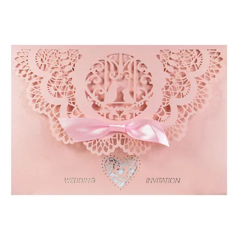 European Laser Cut Wedding Invitation Cards With Envelopes Inner Sheet Bowknot Lovebirds Heart Lace Pearlescent Paper Greeting Cards For Engagement Party Celebration