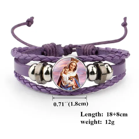 Multilayer Leather Braided Bracelet Religious Jesus Mary Glass Cabochon Metal Beads Adjustable Wristband Jewelry Gift