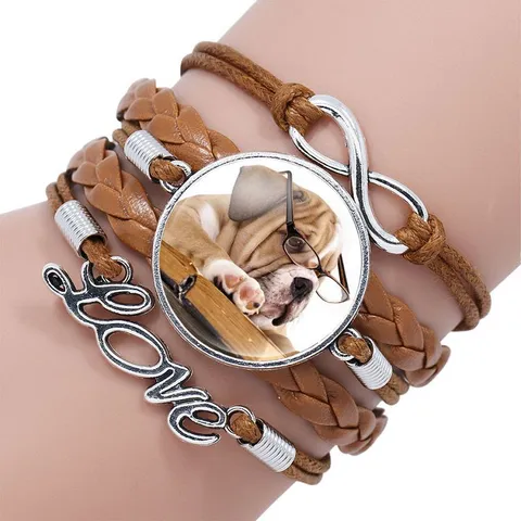 Multi-Layer Braided Leather Bracelet Cute Dog Time Gemstone Glass Pendant Alloy Fashion Jewelry Gift For Women Men