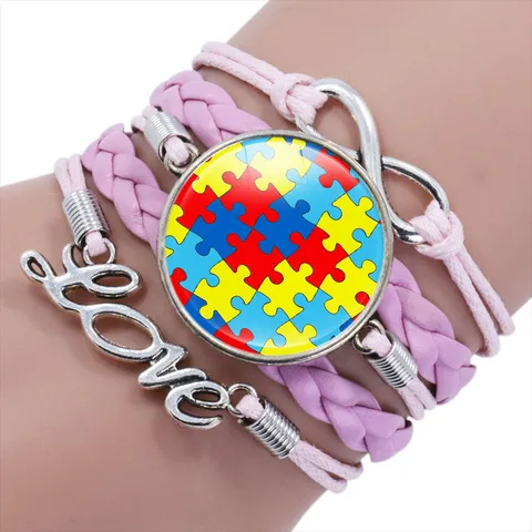 Autism Awareness Multi-layer Woven Bracelet Alloy Glass Gemstone Adjustable Friendship Jewelry Gift For Women