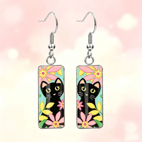 Sweet And Cool Valentine's Day Cute Black Cat Glass Earrings Stainless Steel Ear Hook Fashion Jewelry