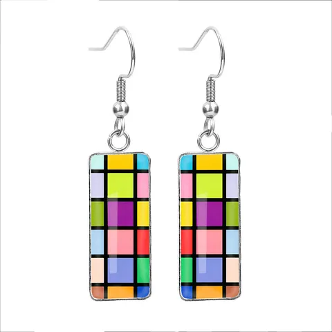 Stainless Steel Colorful Geometric Checkerboard Drop Earrings Rectangular Fashion Art Jewelry For Women