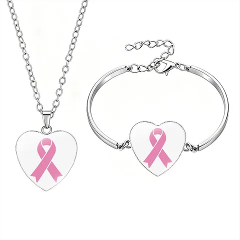 Women Breast Cancer Awareness Heart Ribbon Pendant Necklace And Bracelet Alloy Jewelry Set Pink Silver