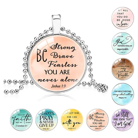 Vintage Inspirational Bible Verse Glass Pendant Necklace Long Alloy Bead Chain Sweater Necklace Unisex Fashion Jewelry