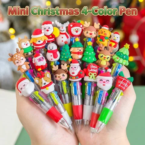 Mini Weihnachten 4-Farben Kugelschreiber Mit 3D Silikon Cartoon Weihnachtsmann Rentier Topper Mehrfarbig Druckkugelschreiber Für Studenten Schreibwaren Geschenk