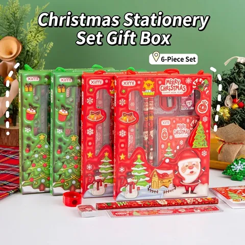 Weihnachts Schreibwaren Set Geschenkbox Sechsteiliges Set Für Schüler Kinder Bleistifte Lineal Radiergummi Anspitzer Notizbuch Rot Grün Tragbares Feiertags Souvenir