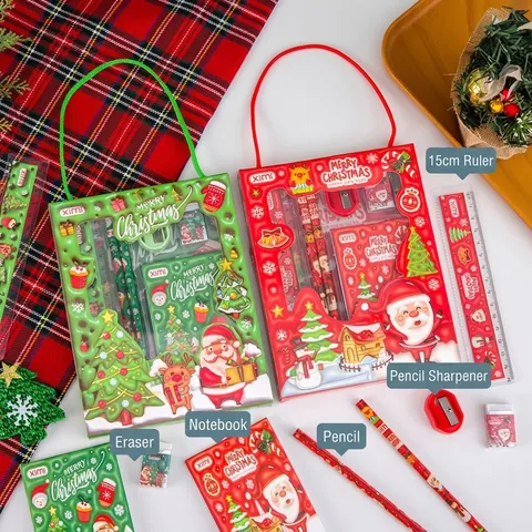 Weihnachts Schreibwaren Set Geschenkbox Sechsteiliges Set Für Schüler Kinder Bleistifte Lineal Radiergummi Anspitzer Notizbuch Rot Grün Tragbares Feiertags Souvenir