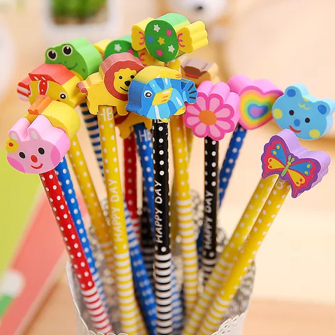Cartoon Christmas Wood Pencils With Creative 3D Eraser Toppers For Students HB Lead Writing Pencils School Stationery Gifts