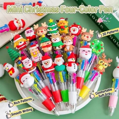 Mini Weihnachten 4-Farben Kugelschreiber Mit 3D Silikon Cartoon Weihnachtsmann Rentier Topper Mehrfarbig Druckkugelschreiber Für Studenten Schreibwaren Geschenk