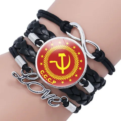 Retro Soviet CCCP KGB Theme Time Gem Multi Layer Woven Leather Bracelet Unisex Vintage Memorial Jewelry Gift