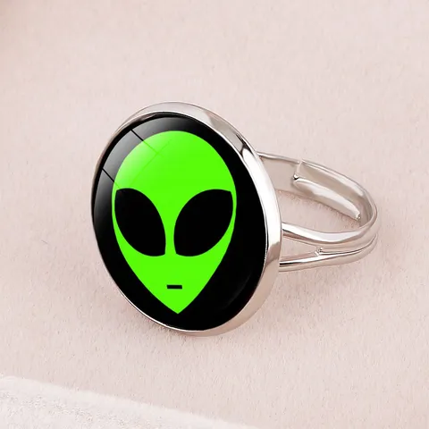 Cartoon Green Alien Time Gemstone Open Adjustable Ring Iron Glass Creative Fashion Jewelry Kids Finger Ring Gift